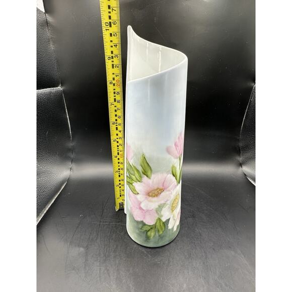 Vintage Japanese Sakura Modern Wave Porcelain Vase Floral Design Mid Cent 10" - Picture 8 of 9